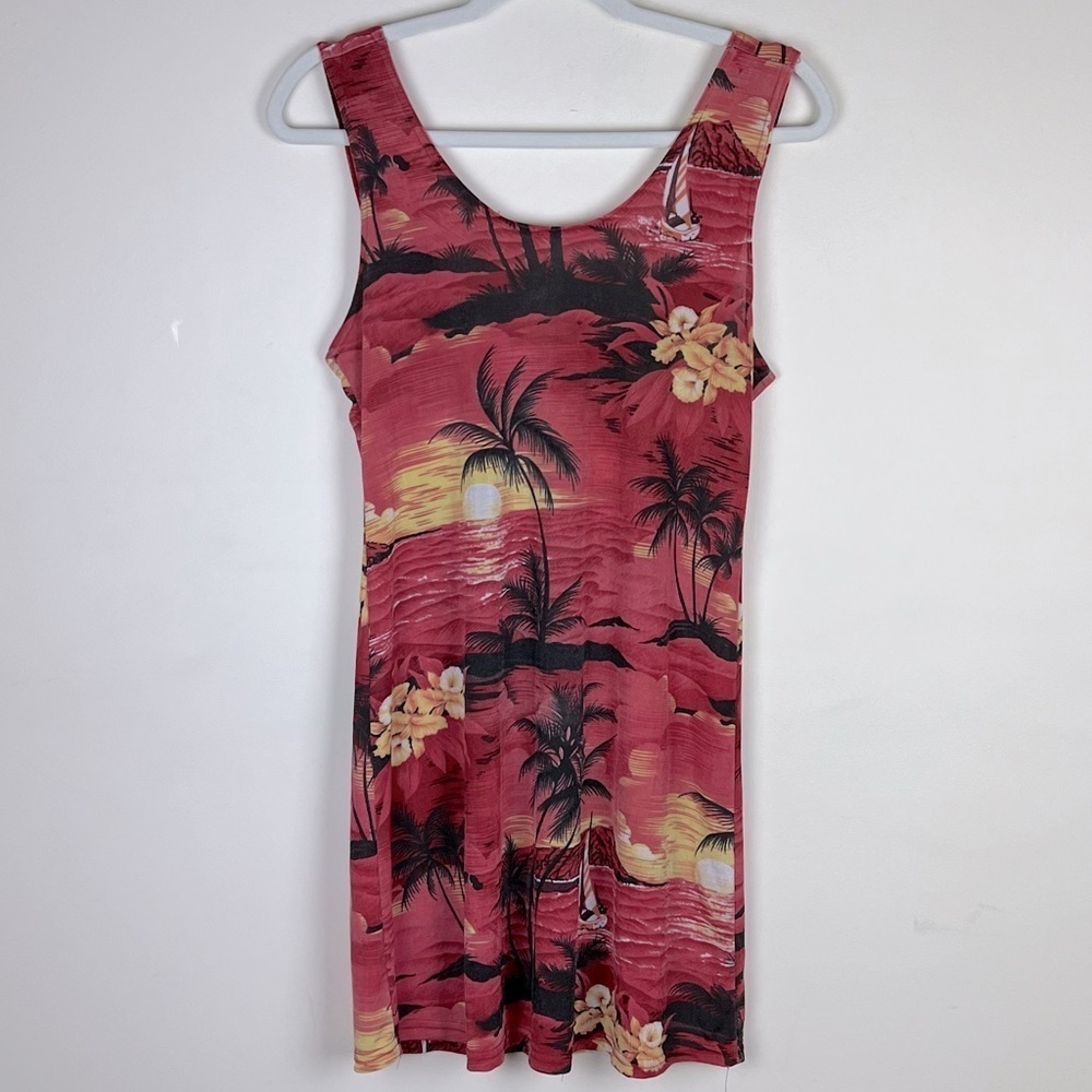 Vintage 90s Festival Stretchy Mesh Sheer Tropical Hawaiian Mini Dress L